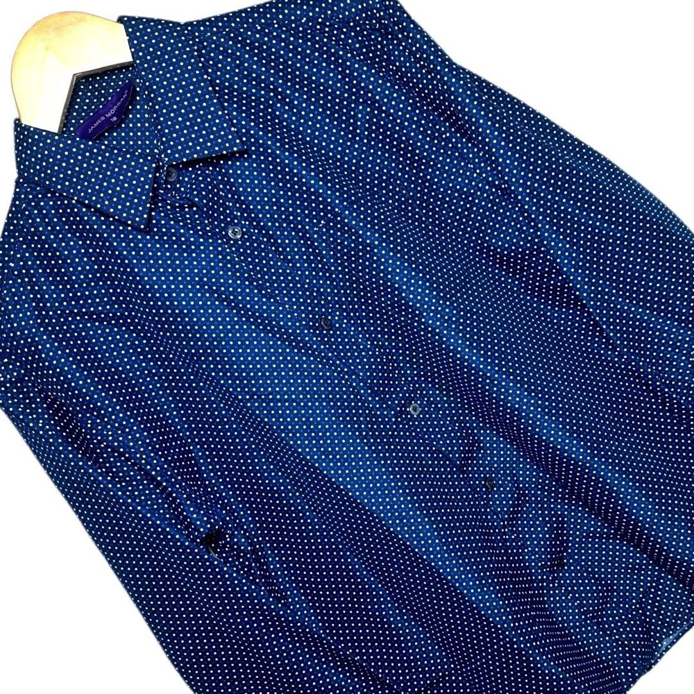 James Morgan Blue White Polka Dot Button Down Long Sleeve Shirt Size 18‎